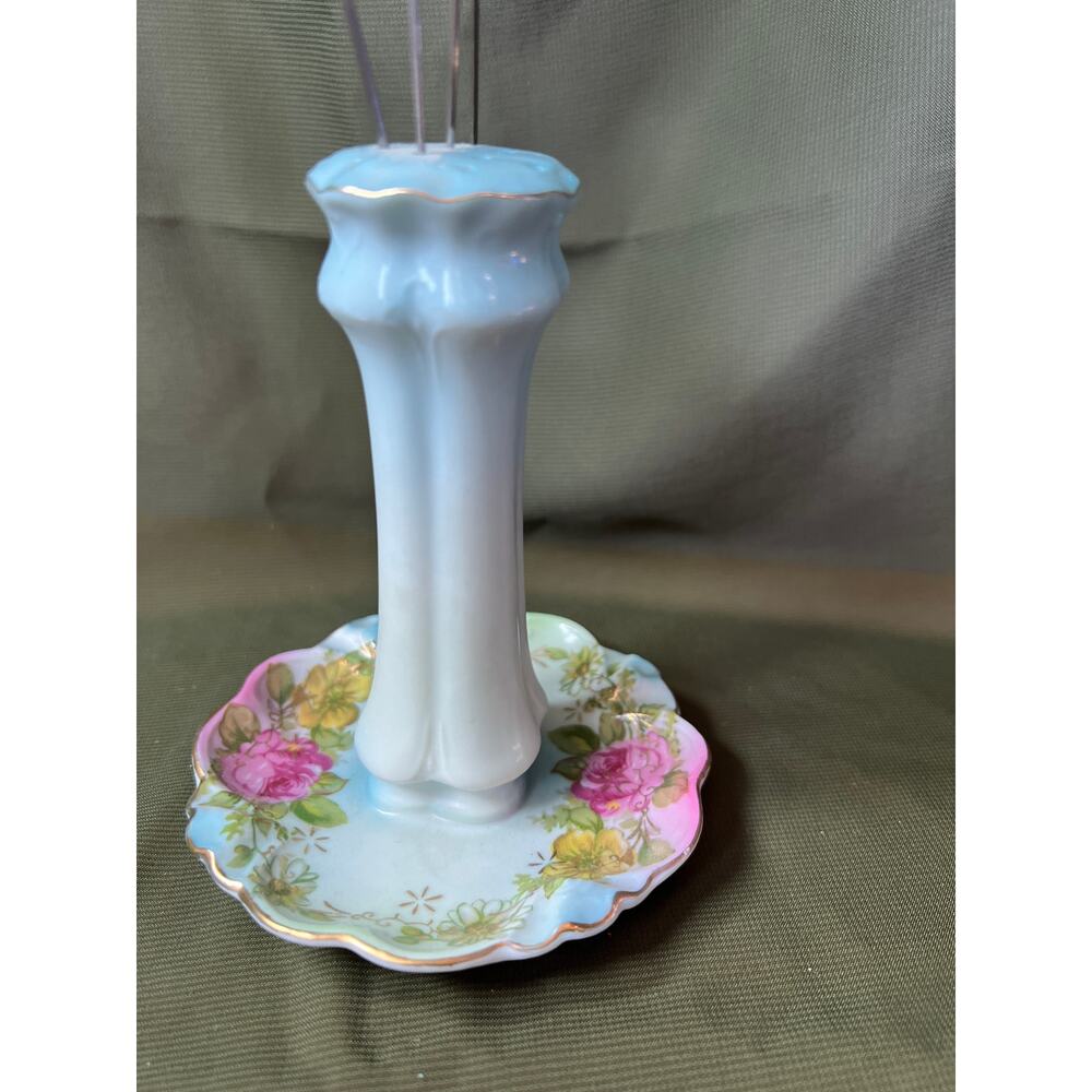 Antique RS Prussia Germany Turquoise Blue Pink Floral Hat Pin Holder 4 Hat Pins